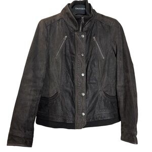 Danier leather jacket size medium brown zippered‎ bomber wool blend collar- READ
